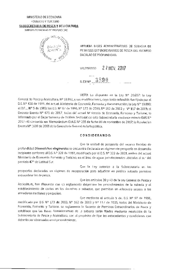 Res. Ex. N° 3890-2017 Aprueba bases administrativas de subasta de permisos extraordinarios de pesca del recurso Bacalao de profundidad. (Publicado en Página Web 22-11-2017)