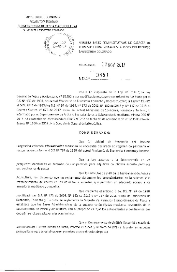 Res. Ex. N° 3891-2017 Aprueba bases administrativas de subasta de permisos extraordinarios de pesca del recurso Langostino colorado. (Publicado en Página Web 22-11-2017)