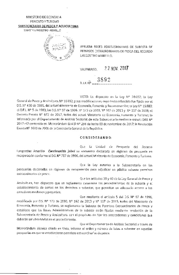 Res. Ex. N° 3892-2017 Aprueba bases administrativas de subasta de permisos extraordinarios de pesca del recurso Langostino amarillo. (Publicado en Página Web 22-11-2017)