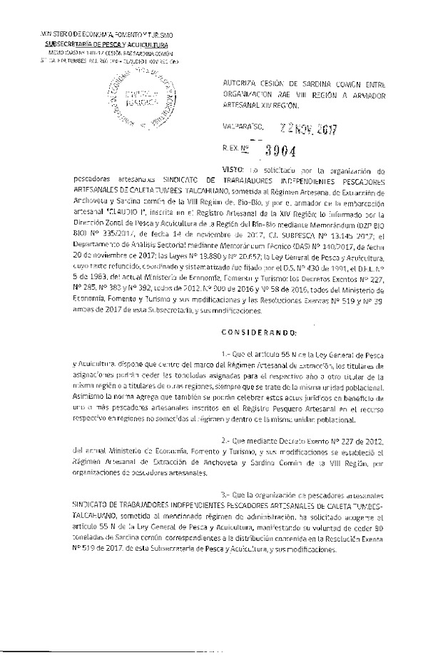Res. Ex. N° 3904-2017 Autoriza cesión Sardina común VIII a XIV Región.