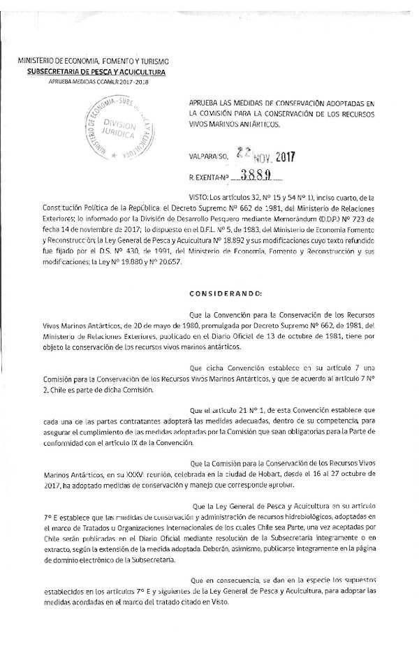 Res. Ex. N° 3889-2017 Aprueba las medidas de conservación adoptadas en la comisión para la conservación de los recursos vivos marinos antárticos. (Publicado en Página Web Res. 24-11-2017) (F.D.O. 29-11-2017)