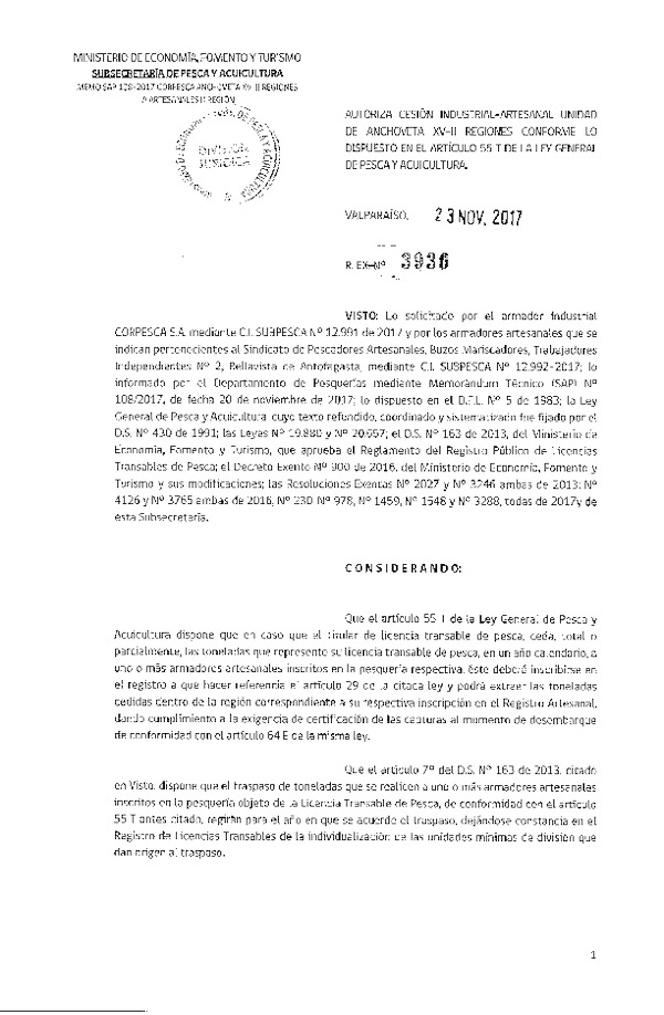 Res. Ex. N° 3936-2017 Autoriza cesión Anchoveta XV-II Región.