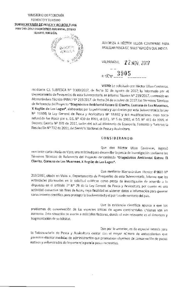 Res. Ex. N° 3905-2017 Diagnóstico ambiental estero El Clavito, X Región de Los Lagos.