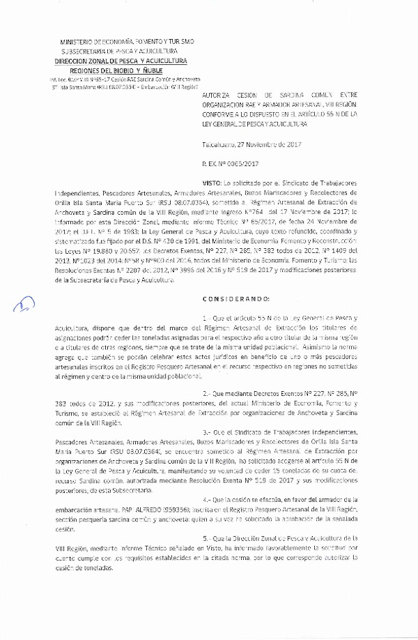 Res. Ex. N° 65-2017 (DZP VIII) Autoriza Cesión Anchoveta y Sardina común, VIII Región.