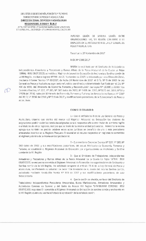 Res. Ex. N° 66-2017 (DZP VIII) Autoriza Cesión Anchoveta y Sardina común, VIII Región.