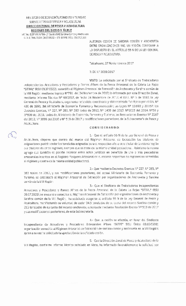 Res. Ex. N° 68-2017 (DZP VIII) Autoriza Cesión Anchoveta y Sardina común, VIII Región.