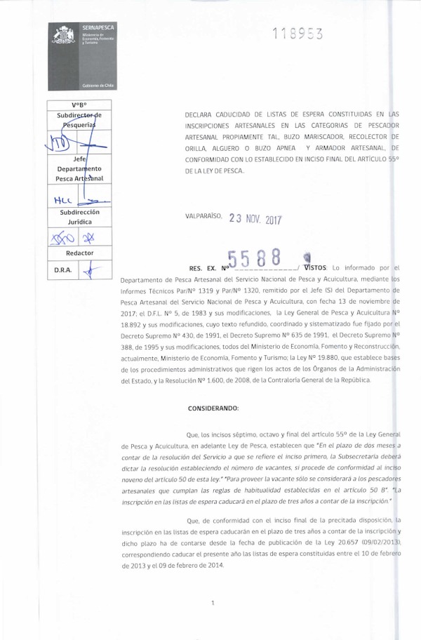 Res. Ex. N° 5588-2017 (Sernapesca) Declara caducidad de listas de espera constituidas en las inscripciones artesanales. (Publicado en Página Web 27-11-2017)