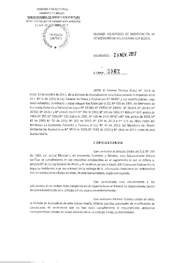 Res. Ex. N° 3962-2017 Rechaza solicitudes de modificación concesiones de acuicultura que indica.