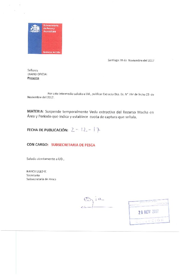 Dec. Ex. Nº 707-2017 Suspende Temporalmente Veda Extractiva del Recurso Macha, X Región y Establece Cuota de Captura. (Publicado en Página Web 29-11-2017) (F.D.O. 02-12-2017)