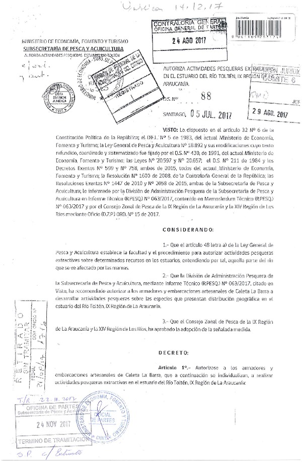 Dec. Ex. N° 88-2017 Autoriza Actividades Pesqueras Extractivas en el Estuario del Río Toltén, IX Región. (Publicado en Página Web 29-11-2017) (F.D.O. 14-12-2017)