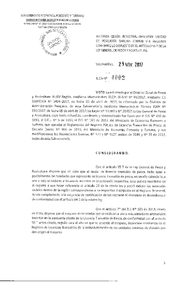 Res. Ex. N° 4002-2017 Autoriza cesión Sardina común XIV Región.