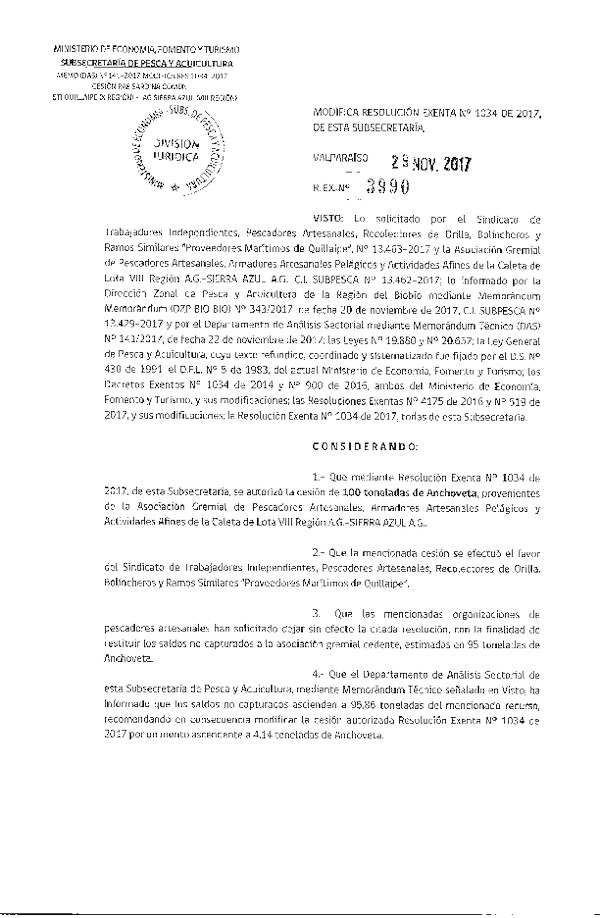 Res. Ex. N° 3990-2017 Modifica Res. Ex. N° 1034-2017 Autoriza Cesión Anchoveta, VIII a X Región.