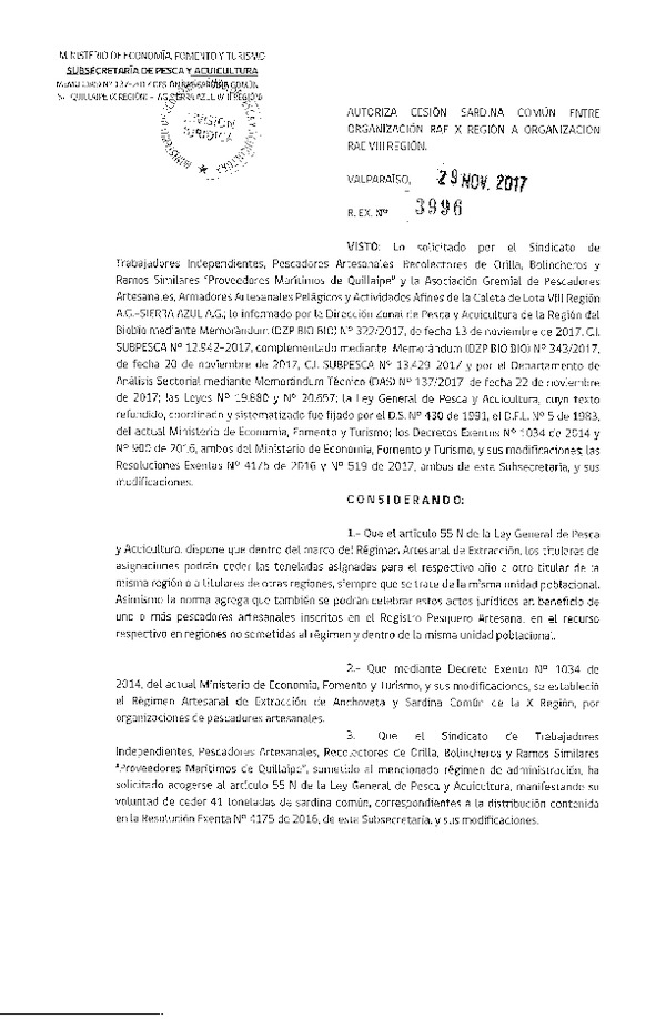 Res. Ex. N° 3996-2017 Autoriza Cesión Sardina común, X a VIII Región.