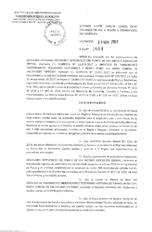 Res. Ex. N° 4001-2017 Autoriza Cesión Sardina común, V a VIII Región.