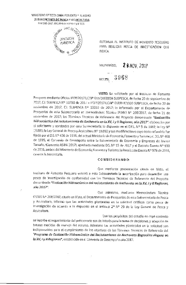 Res. Ex. N° 3968-2017 Evaluación hodroacústica del reclutamiento de Anchoveta en la XV-II Región, año 2017.