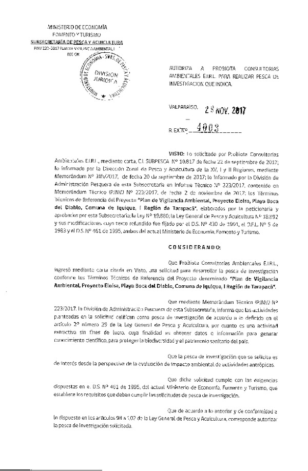 Res. Ex. N° 4003-2017 Plan de vigilancia ambiental, I Región.