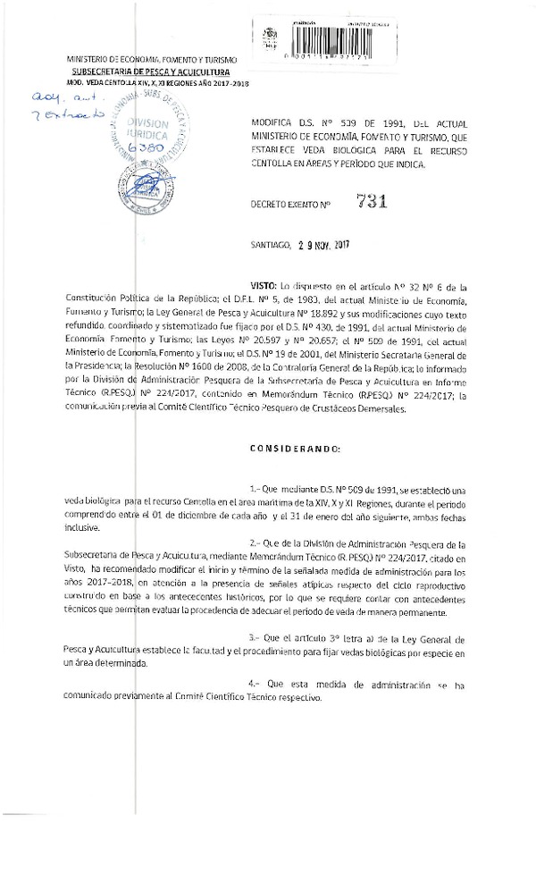 Dec. Ex. N° 731-2017 Modifica D.S. N° 509-1991, Veda Biológica Recurso Centolla, XIV, X, XI Región. (Publicado en Página Web 29-11-2017) (F.D.O. 05-12-2017)