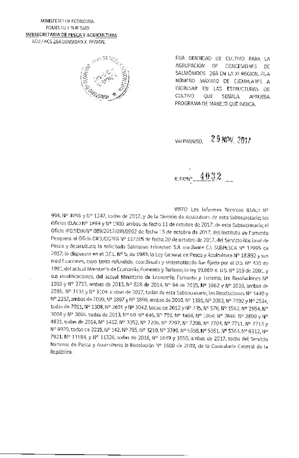 Res. Ex. N° 4032-2017 Fija Densidad de Cultivo para la Agrupación de Concesiones de Salmónidos 26 A en la XI Región. (Publicado en Página Web 30-11-2017) (F.D.O. 06-12-2017)