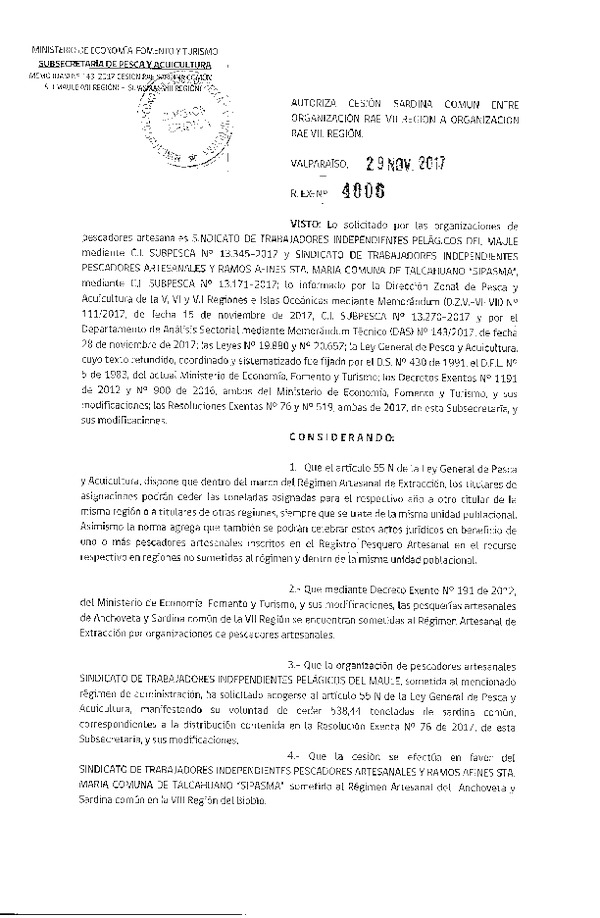 Res. Ex. N° 4006-2017 Autoriza Cesión Sardina común, VII a VIII Región.