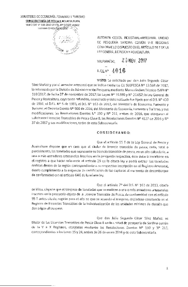 Res. Ex. N° 4016-2017 Autoriza cesión Sardina común XIV Región.