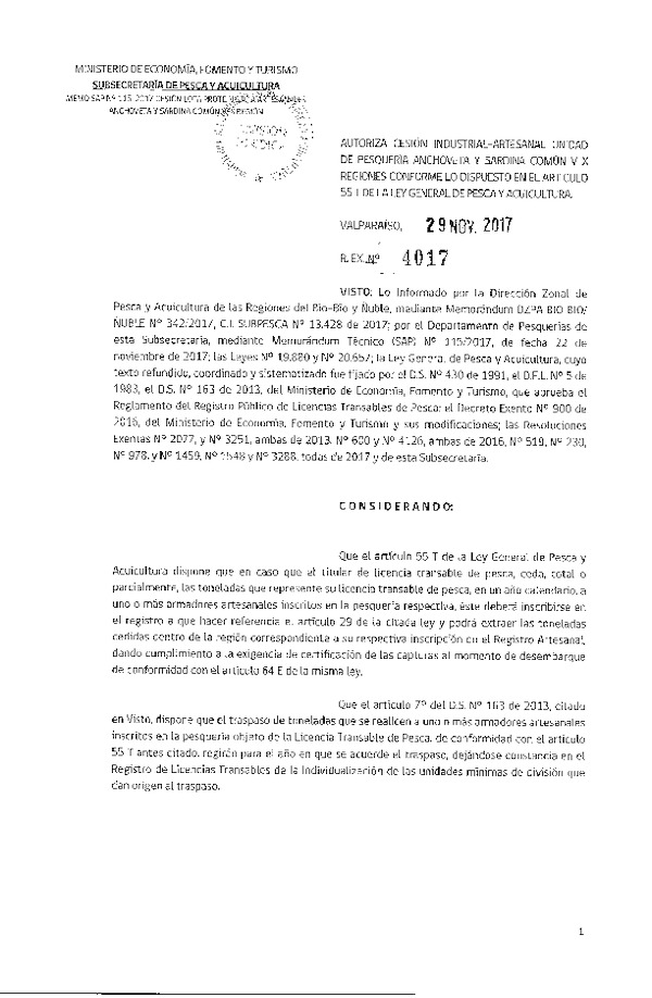 Res. Ex. N° 4017-2017 Autoriza cesión Anchoveta y Sardina común VIII Región.