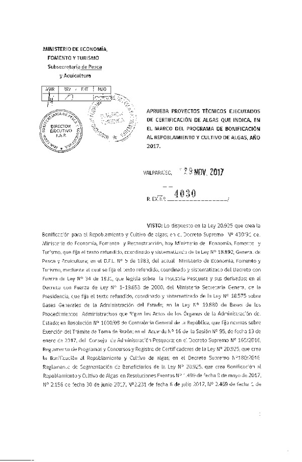 Res. Ex. N° 4030-2017 Aprueba proyectos técnicos ejecutados de certificación de algas que indica. (Publicado en Página Web 30-11-2017)