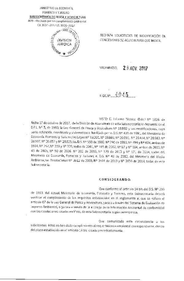 Res. Ex. N° 4045-2017 Rechaza solicitudes de modificación de concesiones de acuicultura que indica.