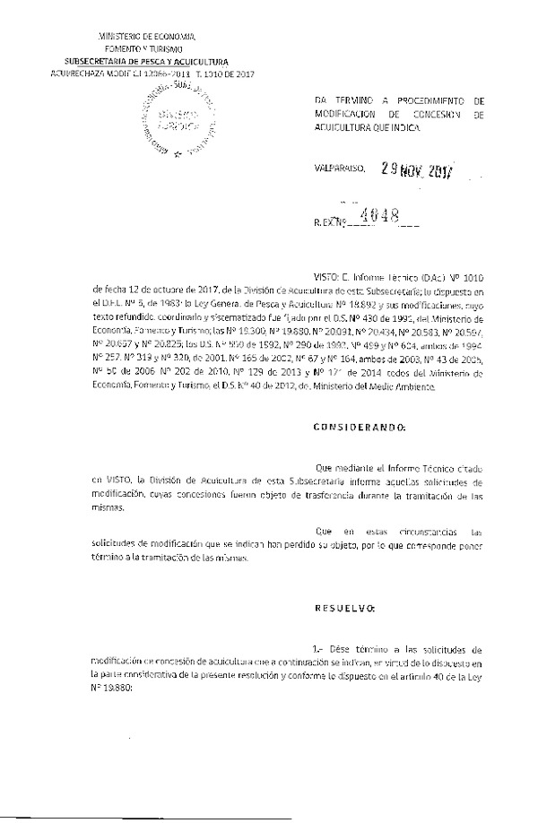 Res. Ex. N° 4048-2017 Da termino a procedimiento de modificación de concesión de acuicultura que indica.