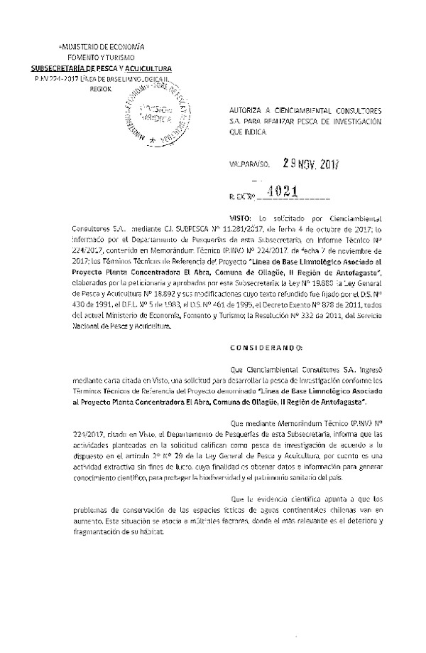 Res. Ex. N° 4021-2017 Línea de base limnológico, II Región.