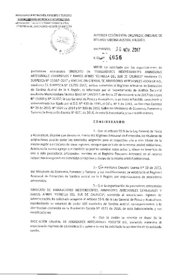 Res. Ex. N° 4056-2017 Autoriza cesión de Sardina austral, X Región.