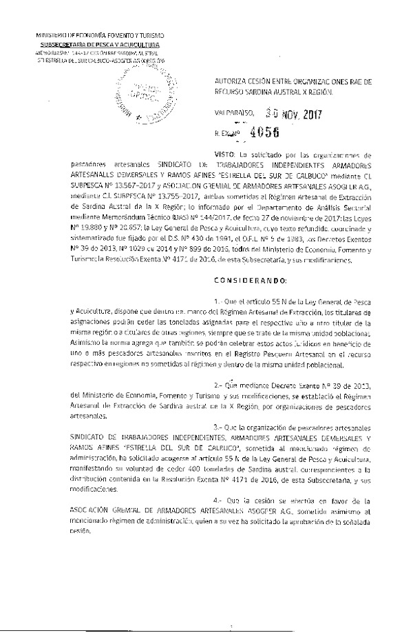 Res. Ex. N° 4056-2017 Autoriza cesión de Sardina austral, X Región.
