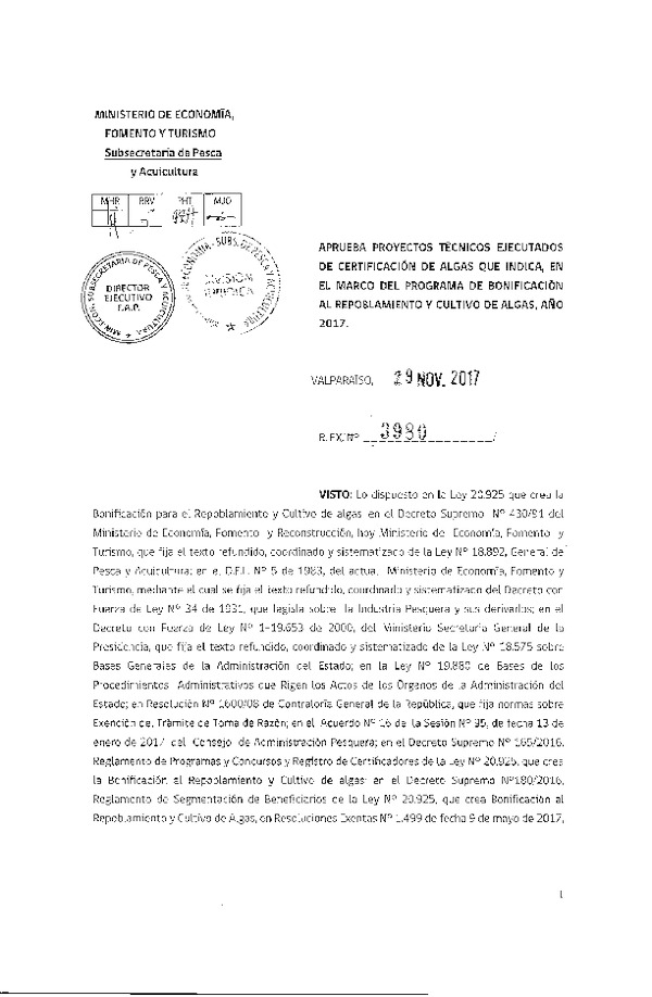 Res. Ex. N° 3980-2017 Aprueba proyectos técnicos ejecutados de certificación de algas que indica, en el marco del programa de bonificación al repoblamiento y cultivo de algas, año 2017 (Publicado en Página Web 01-12-2017)