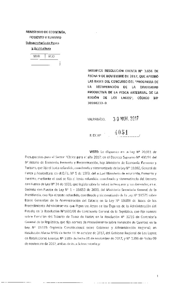 Res. Ex. N° 4051-2017 Modifica Res. Ex. N° 3656-2017 que aprobó las bases del consurso Programa de Recuperación de la Diversidad Productiva de la Pesca Artesanal.