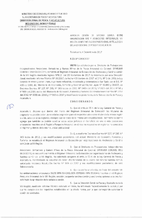 Res. Ex. N° 69-2017 (DZP VIII) Autoriza Cesión Anchoveta y Sardina común, VIII Región.