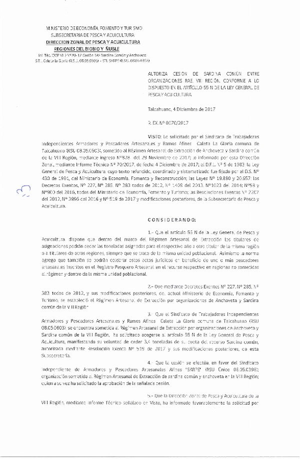 Res. Ex. N° 70-2017 (DZP VIII) Autoriza Cesión Anchoveta y Sardina común, VIII Región.