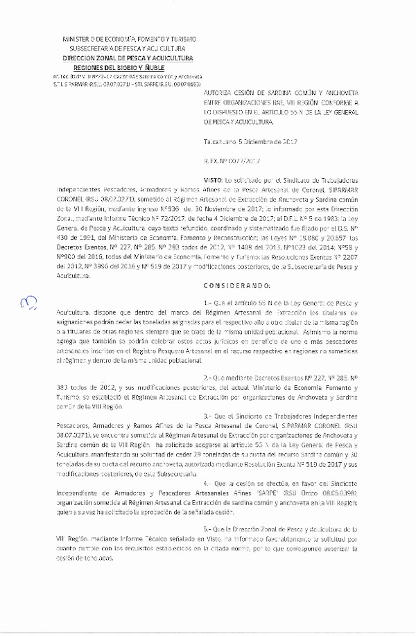 Res. Ex. N° 72-2017 (DZP VIII) Autoriza Cesión Anchoveta y Sardina común, VIII Región.