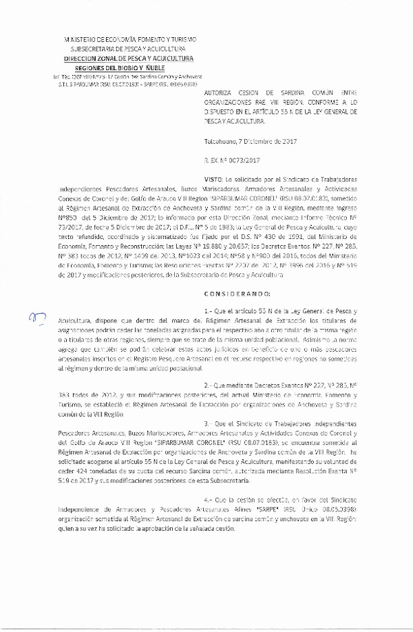 Res. Ex. N° 73-2017 (DZP VIII) Autoriza Cesión Anchoveta y Sardina común, VIII Región.