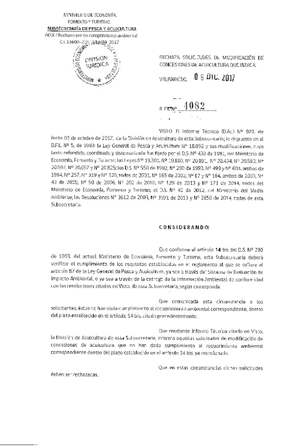 Res. Ex. N° 4082-2017 Rechaza solicitudes de modificación concesiones de acuicultura que indica.