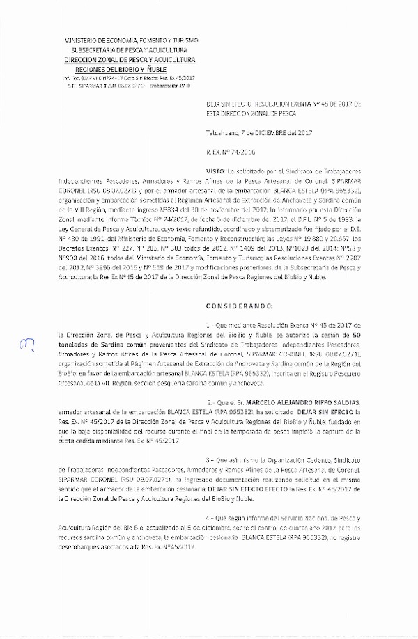 Res. Ex. N° 74-2017 (DZP VIII) Deja sin efecto Res. Ex. N° 45-2017.