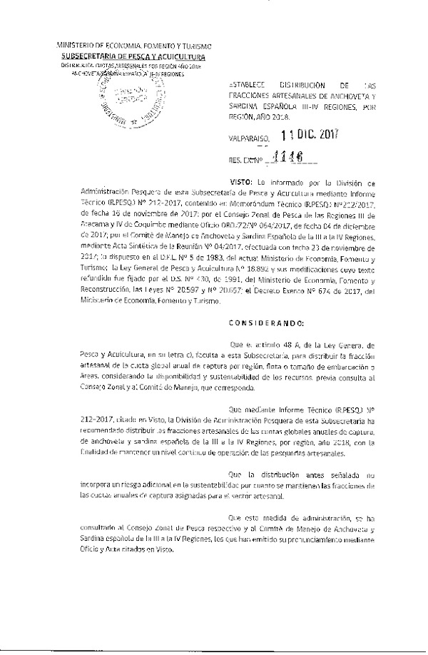 Res. Ex. N° 4146-2017 Establece Distribución de las Fracciones Artesanales de Anchoveta y Sardina Española III-IV Regiones, por Región, Año 2018. (Publicado en Página Web 11-12-2017) (F.D.O. 19-12-2017)