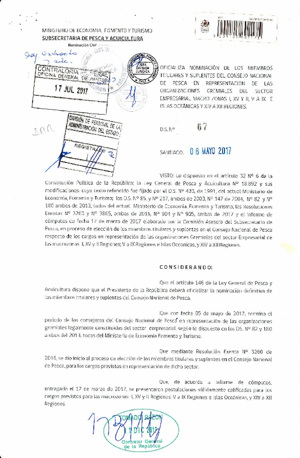 D.S. N° 67-2017 Oficializa Nominación de los Miembros Titulares y Suplentes del Consejo Nacional de Pesca en Representación de las Organizaciones Gremiales del Sector Empresarial, Macro Zonas I, XV y II, V a IX e Islas Oceánicas y XIV a XII Regiones. (Publicado en Página Web 12-12-2017) (F.D.O. 18-12-2017)