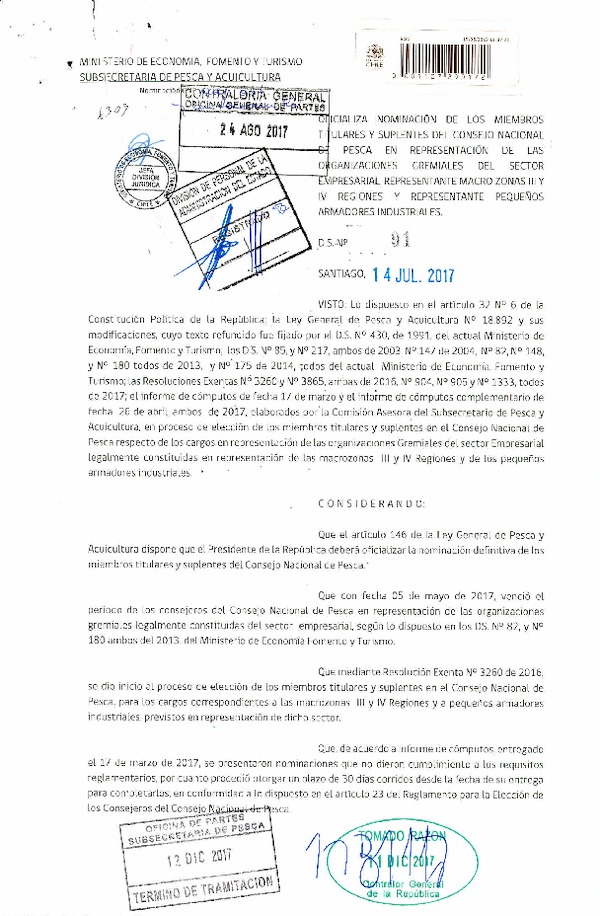 D.S. N° 91-2017 Oficializa Nominación de los Miembros Titulares y Suplentes del Consejo Nacional de Pesca en Representación de las Organizaciones Gremiales del Sector Empresarial, Macro Zonas III y IV y Representante Pequeños Armadores Industriales. (Publicado en Página Web 12-12-2017) (F.D.O. 18-12-2017)