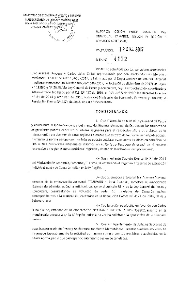 Res. Ex. N° 4172-2017 Autoriza cesión Camarón nailon, IV Región.
