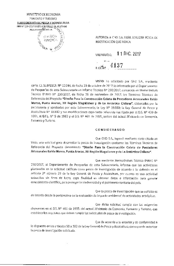 Res. Ex. N° 4137-2017 Diseño para la construcción caleta de pescadores artesanales Bahía Mansa, XII Región.