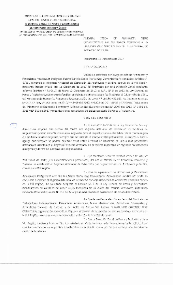 Res. Ex. N° 78-2017 (DZP VIII) Autoriza Cesión Anchoveta VIII Región.