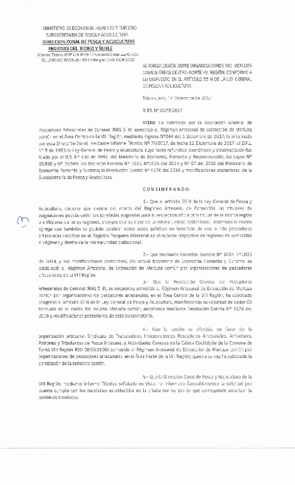 Res. Ex. N° 79-2017 (DZP VIII) Autoriza Cesión Merluza común, VIII Región.