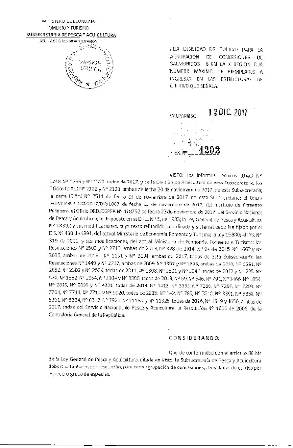 Res. Ex. N° 4202-2017 Fija Densidad de Cultivo para la Agrupación de Concesiones de Salmónidos 6 A en la X Región. (Publicado en Página Web 13-12-2017) (F.D.O. 21-12-2017)