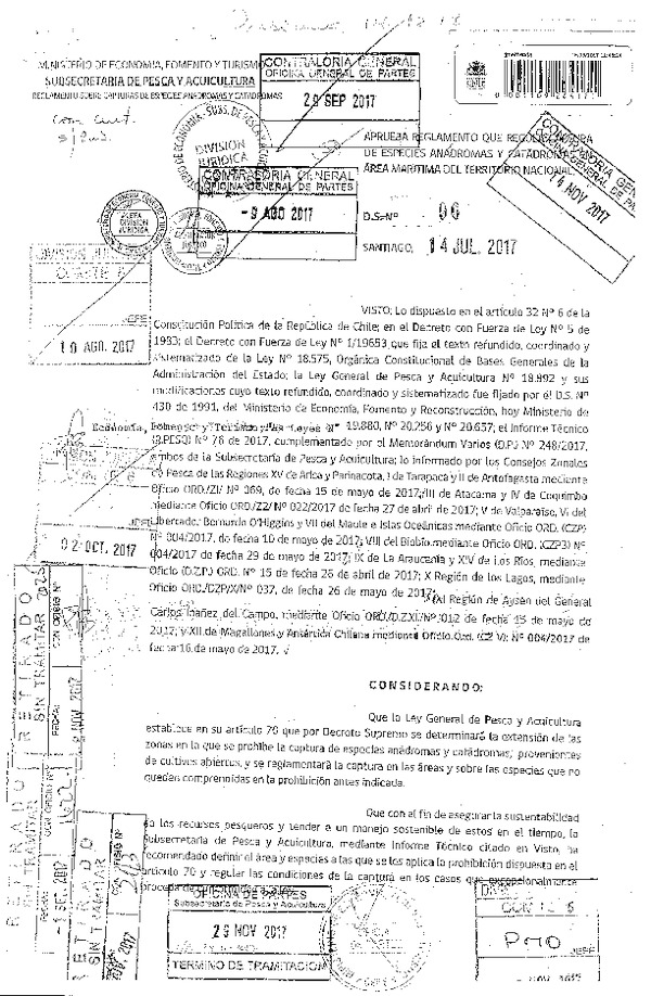 D.S. N° 96-2017 Aprueba Reglamento que Regula Captura de Especies Anádromas y Catádromas. (Publicado en Página Web 14-12-2017) (F.D.O. 14-12-2017)