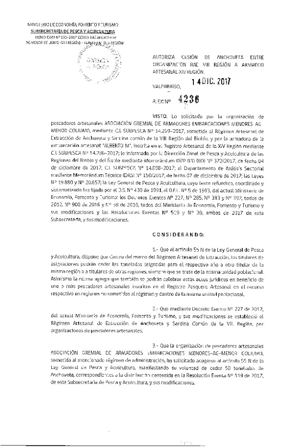 Res. Ex. N° 4236-2017 Autoriza cesión de Anchoveta, VIII a XIV Región.