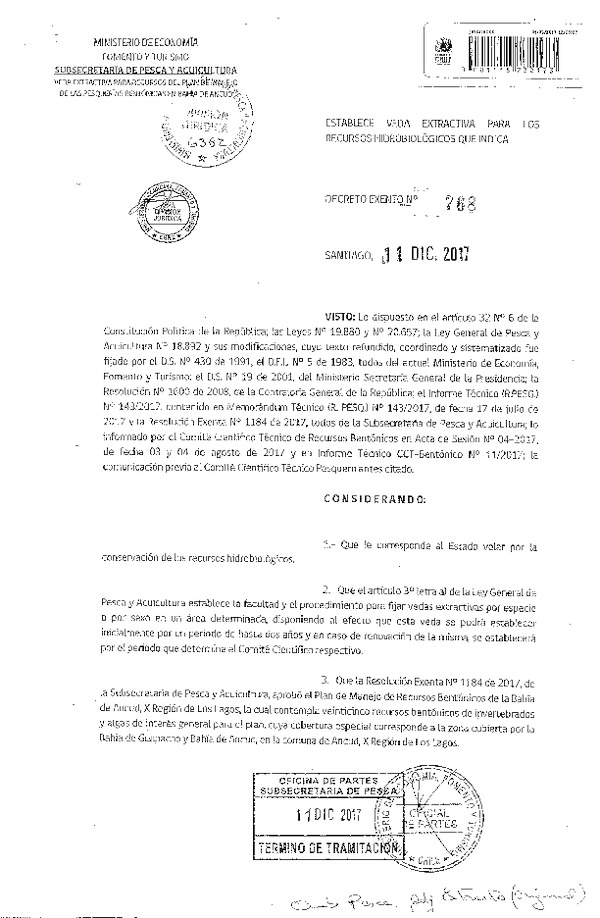 Dec. Ex. N° 768-2017 Establece Veda Extractiva para los Recursos Hidrobiológicos que Indica. (Publicado en Página web 15-12-2017) (F.D.O. 18-12-2017)